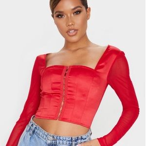 Red Satin Hook and Eye Crop Top